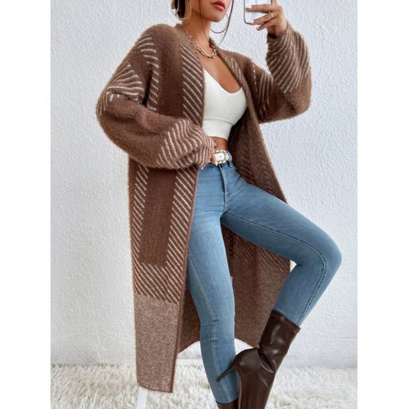Open front striped print fuzzy sweater knit duster cardigan brown - Picture 2 of 6